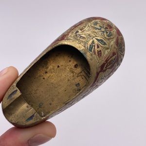 Vintage Enamel Brass Slipper Incense Burner Ashtray Etched Floral Pattern